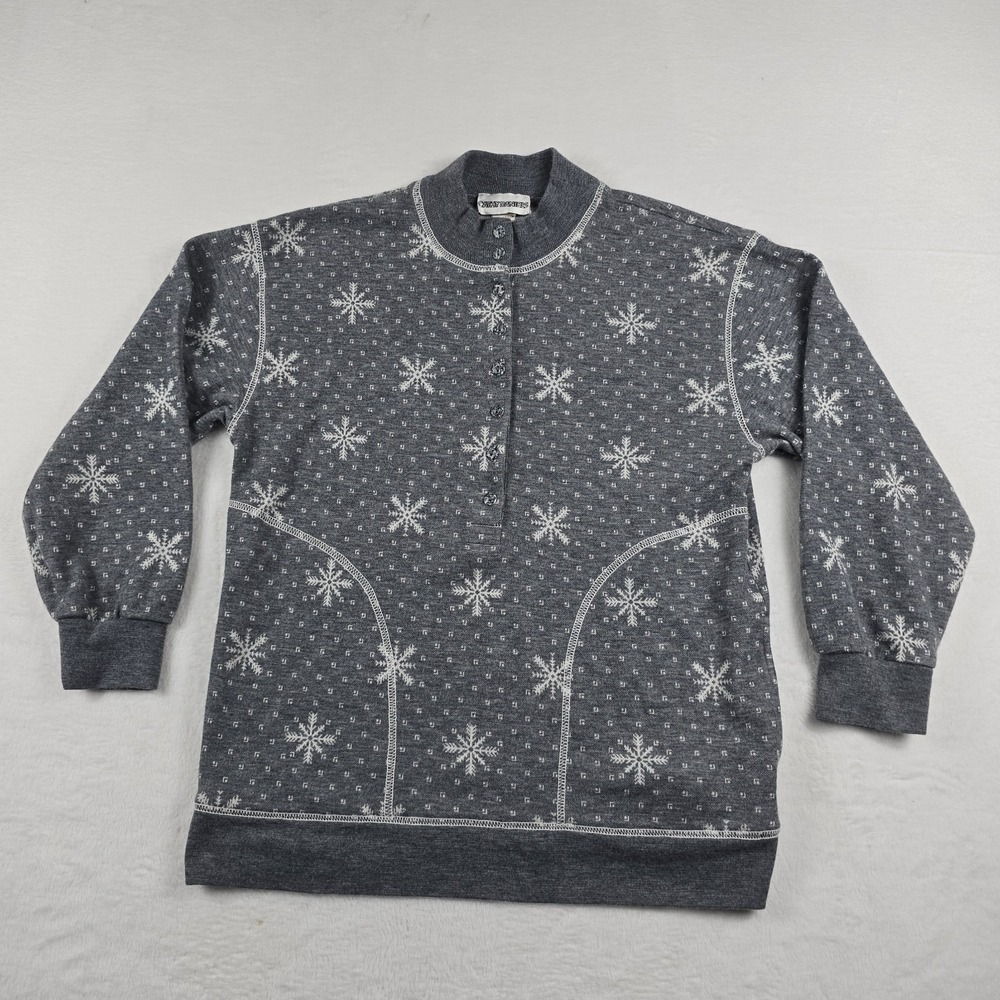 Cathy Daniels Sweater Vintage 1/4 Button Gray Snowflake Pullover Women's Medium